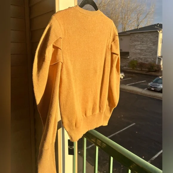 🆕 AZI New York Mustard Gold Chain-Neck Puff Sleeve 100% Cotton Sweater Size S - Picture 6 of 16